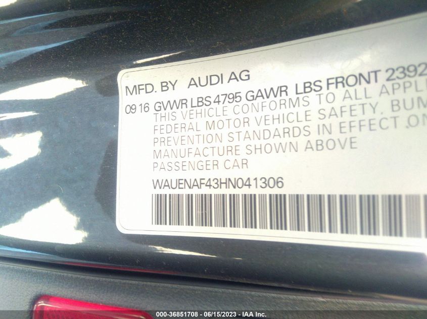 2017 AUDI A4 PREMIUM PLUS - WAUENAF43HN041306