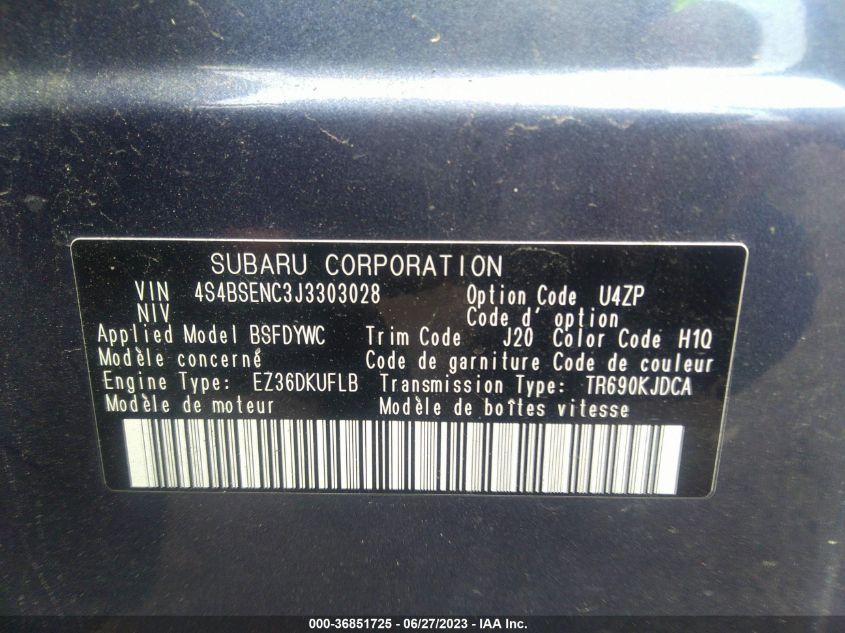 2018 SUBARU OUTBACK LIMITED - 4S4BSENC3J3303028