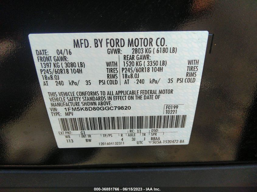2016 FORD EXPLORER XLT - 1FM5K8D80GGC79820