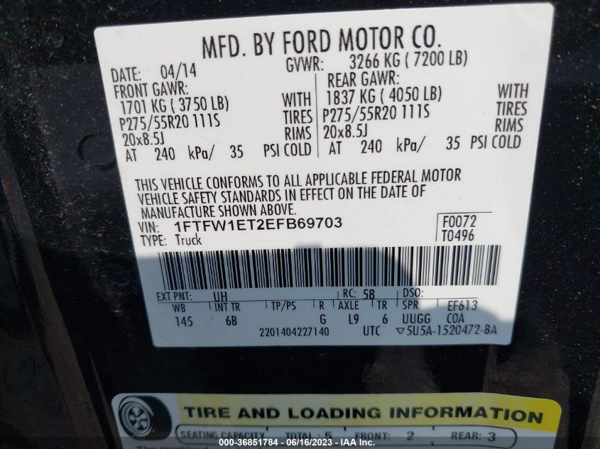 2014 FORD F-150 XL/XLT/FX4/LARIAT - 1FTFW1ET2EFB69703