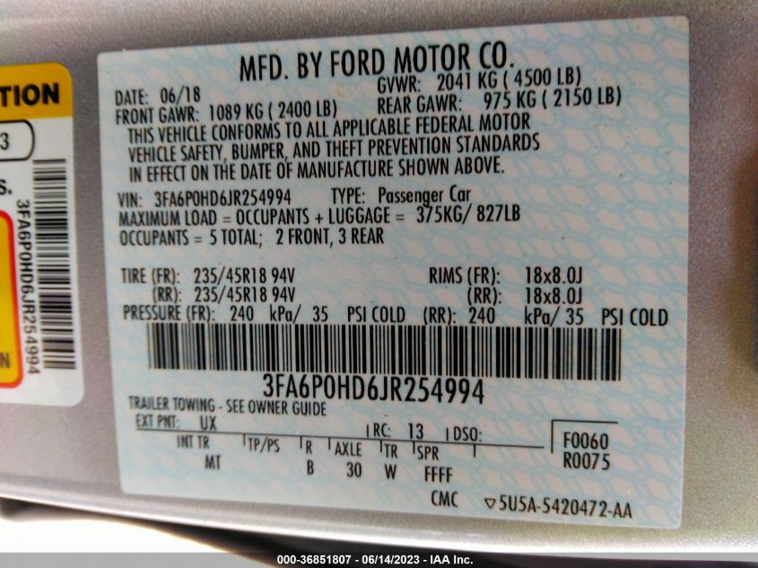 3FA6P0HD6JR254994 2018 FORD FUSION, photo no. 9