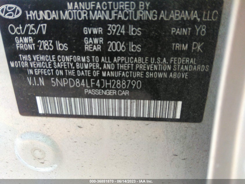 VIN 5NPD84LF4JH288790 2018 HYUNDAI ELANTRA SEL/VALUE/LIMITED