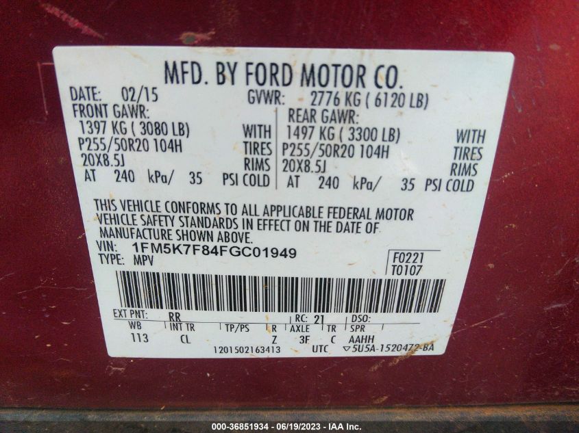 2015 FORD EXPLORER LIMITED - 1FM5K7F84FGC01949