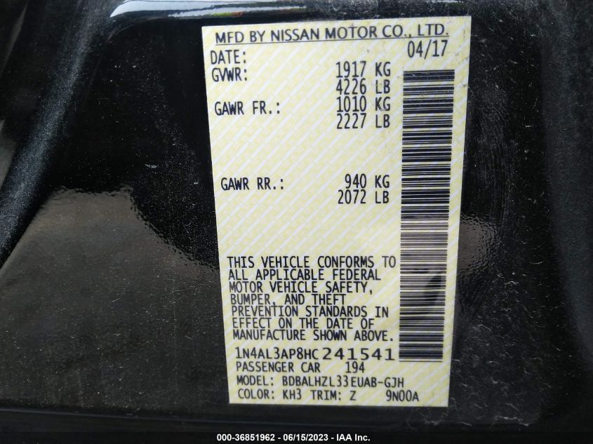 2017 NISSAN ALTIMA 2.5/S/SV/SL/SR - 1N4AL3AP8HC241541