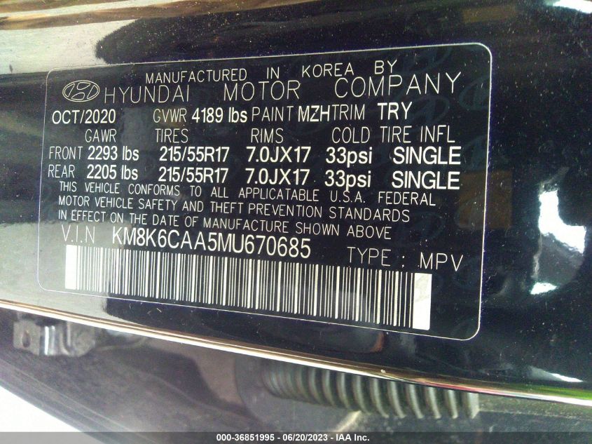 2021 HYUNDAI KONA SEL PLUS - KM8K6CAA5MU670685