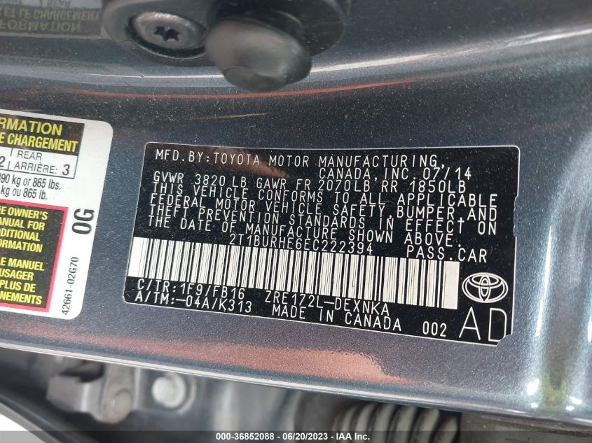 2014 TOYOTA COROLLA L/LE/S/S PLUS/LE PLUS - 2T1BURHE6EC222394