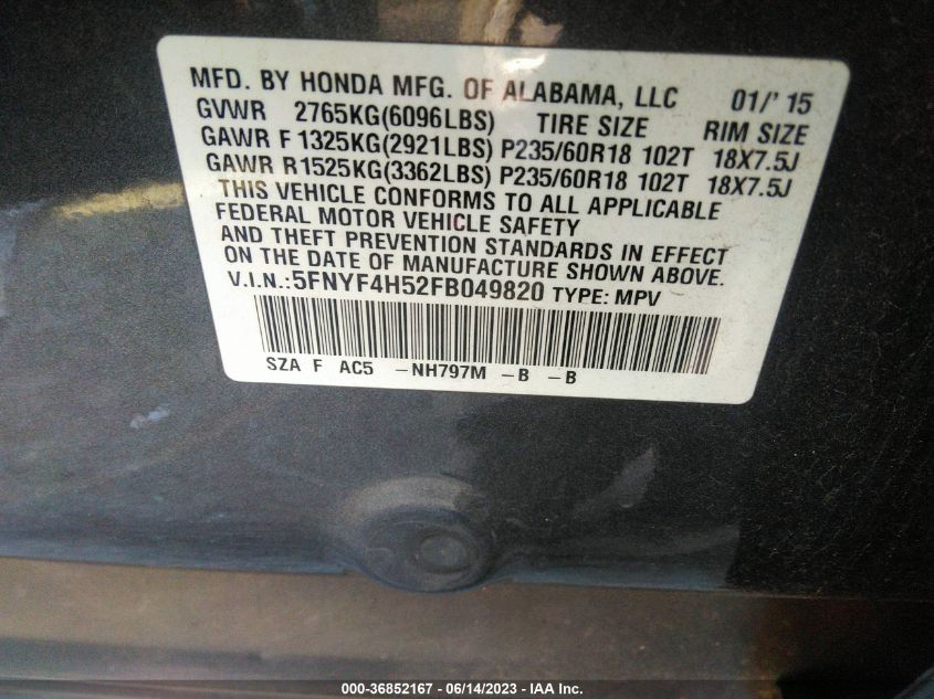 2015 HONDA PILOT EX-L - 5FNYF4H52FB049820