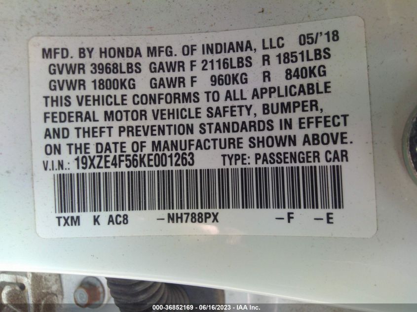 2019 HONDA INSIGHT EX 19XZE4F56KE001263