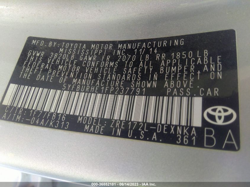 2015 TOYOTA COROLLA L/LE/S/S PLUS/LE PLUS - 5YFBURHE1FP237791