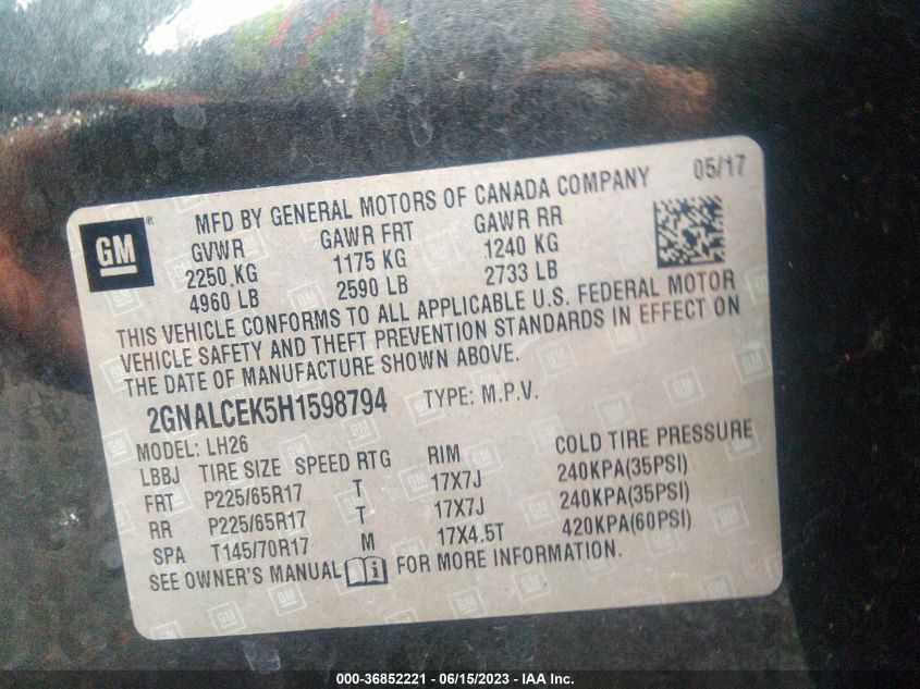 2017 CHEVROLET EQUINOX LT - 2GNALCEK5H1598794
