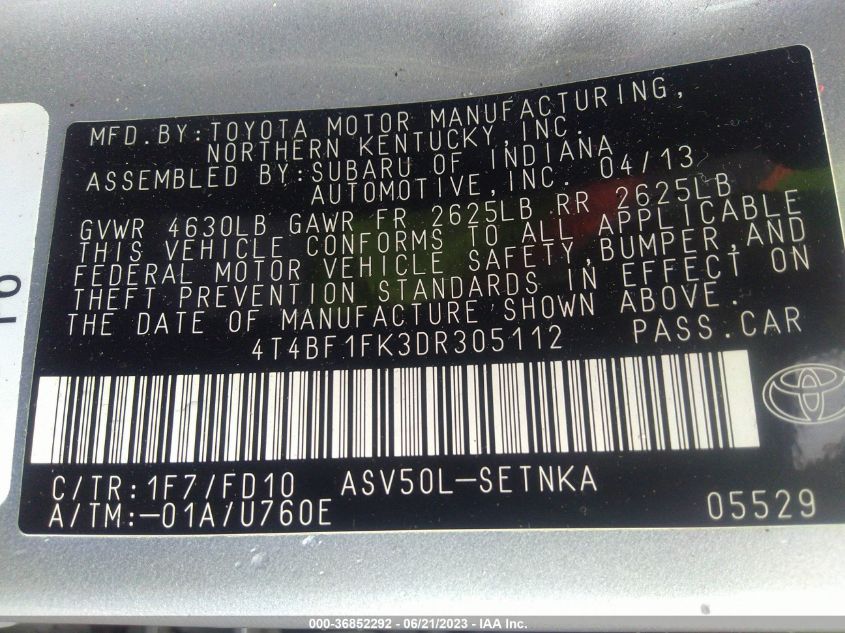2013 TOYOTA CAMRY L/LE/SE/XLE - 4T4BF1FK3DR305112