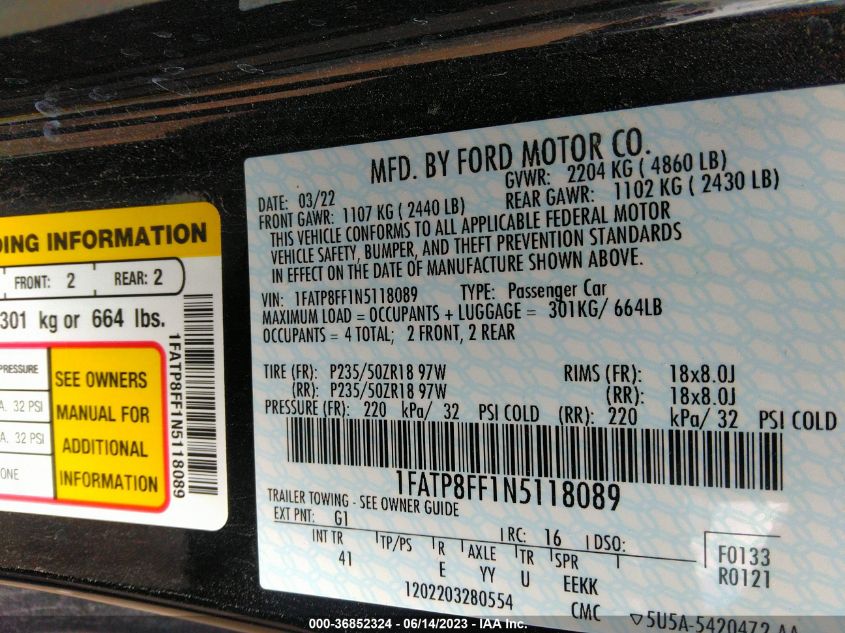 2022 FORD MUSTANG GT PREMIUM - 1FATP8FF1N5118089