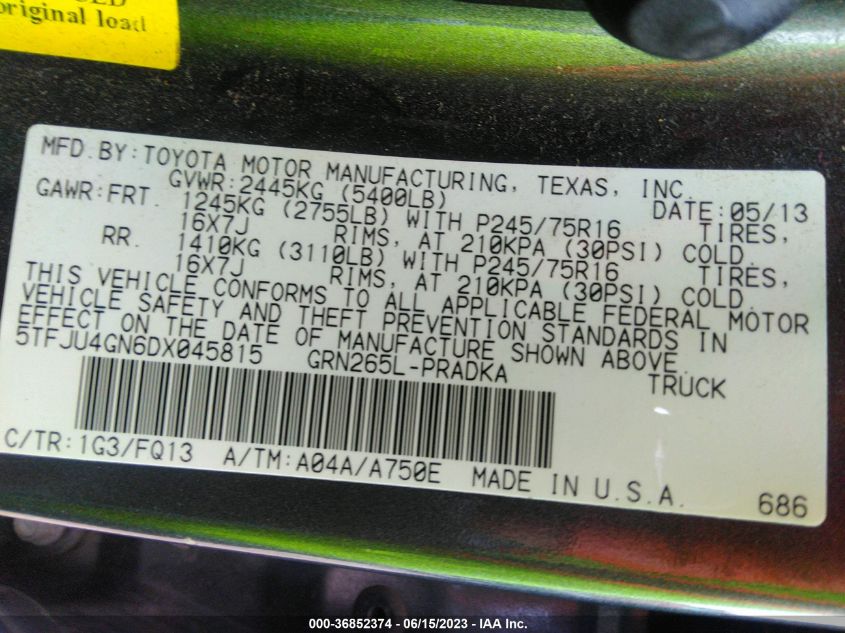 2013 TOYOTA TACOMA PRERUNNER 5TFJU4GN6DX045815