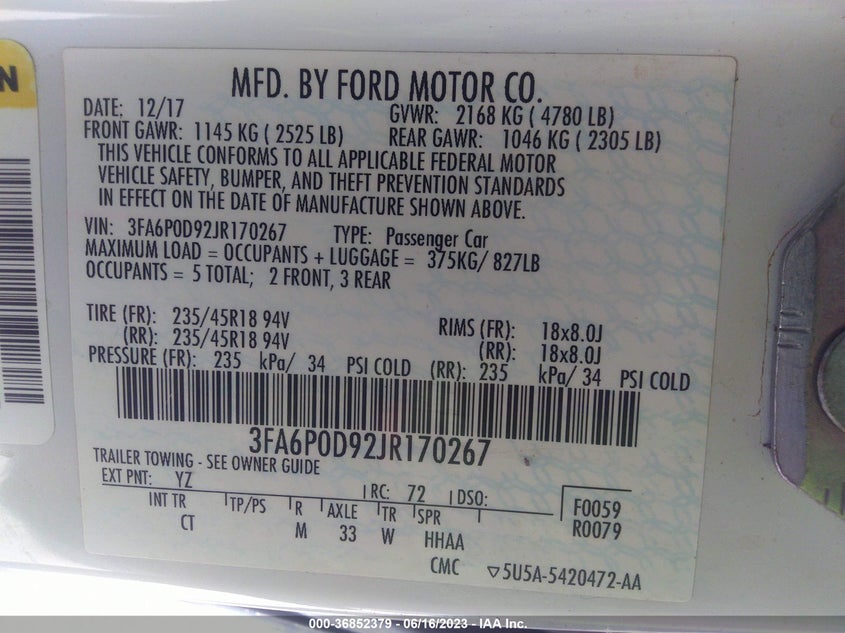 VIN 3FA6P0D92JR170267 2018 FORD FUSION TITANIUM
