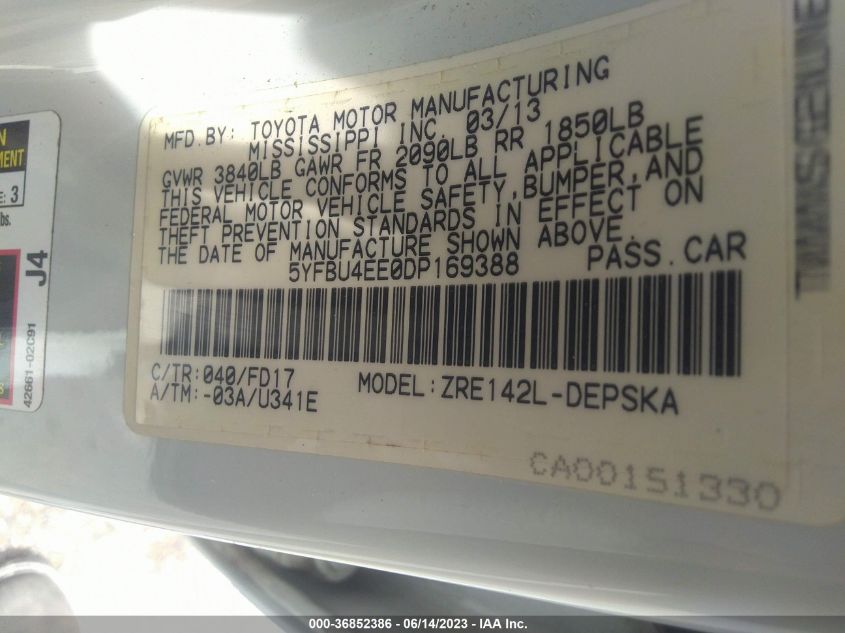 2013 TOYOTA COROLLA L/LE/S - 5YFBU4EE0DP169388