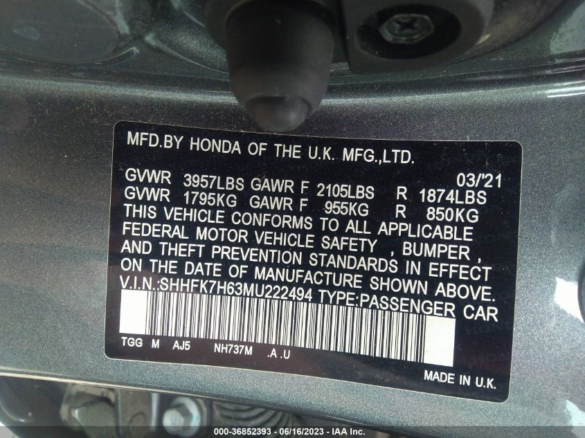 2021 HONDA CIVIC HATCHBACK EX - SHHFK7H63MU222494