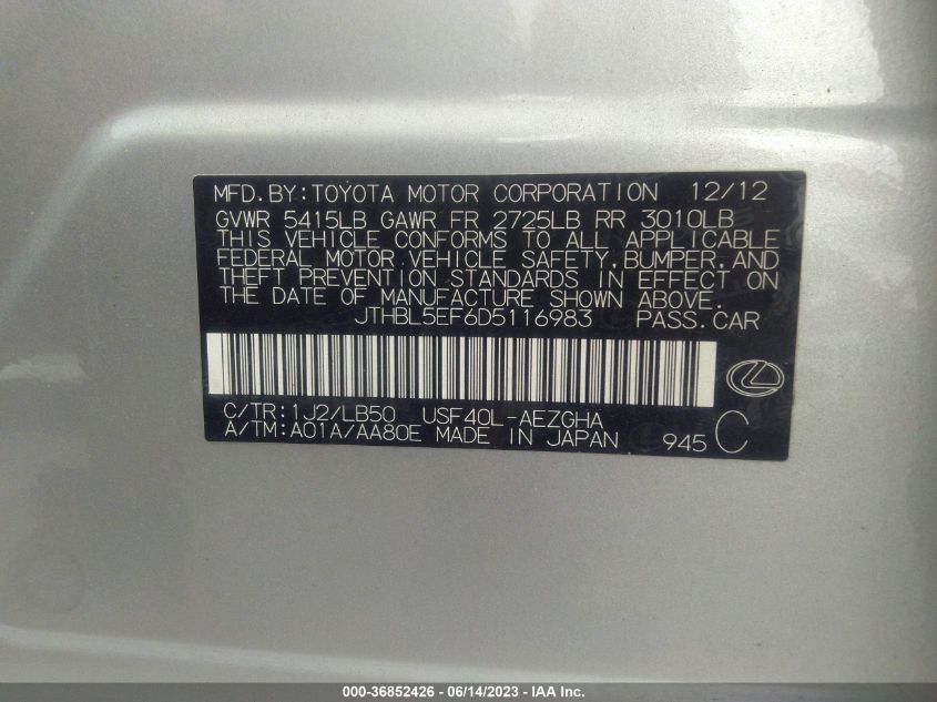 2013 LEXUS LS 460 - JTHBL5EF6D5116983