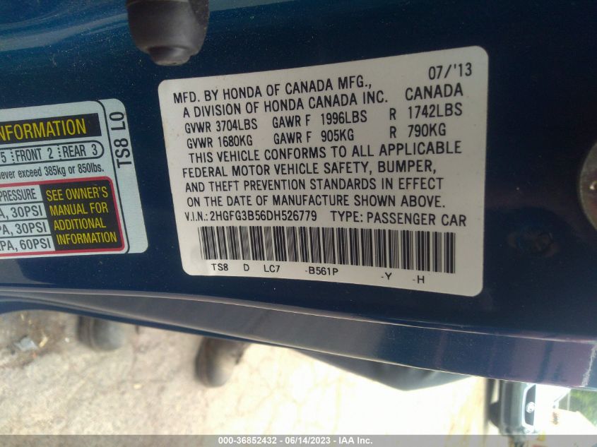 2013 HONDA CIVIC CPE LX 2HGFG3B56DH526779
