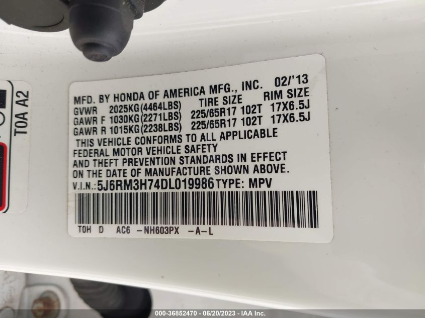 2013 HONDA CR-V EXL - 5J6RM3H74DL019986