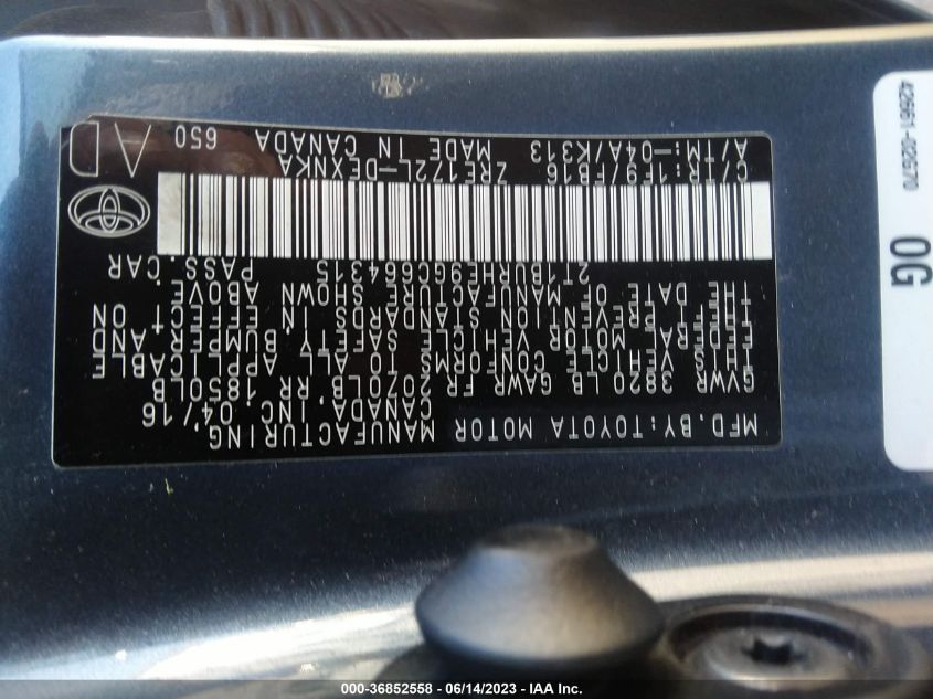 2016 TOYOTA COROLLA L/LE/LE PLS/PRM/S/S PLS - 2T1BURHE9GC664315
