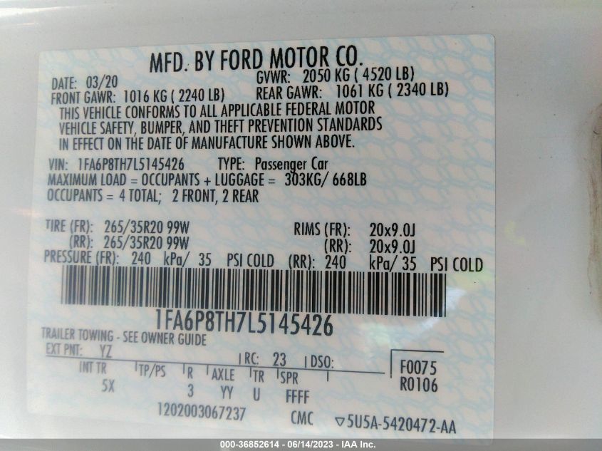 2020 FORD MUSTANG ECOBOOST - 1FA6P8TH7L5145426