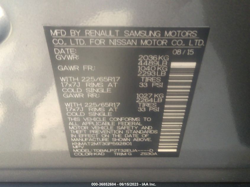 2016 NISSAN ROGUE S - KNMAT2MT3GP592801