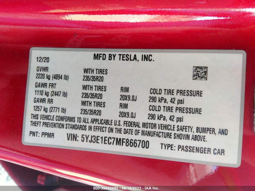 2021 TESLA MODEL 3 PERFORMANCE - 5YJ3E1EC7MF866700