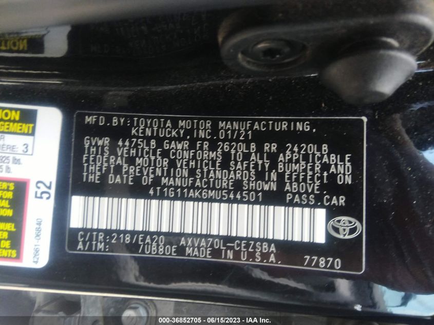 2021 TOYOTA CAMRY SE - 4T1G11AK6MU544501