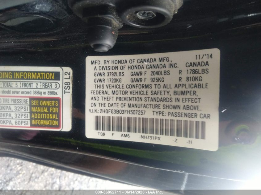 2015 HONDA CIVIC COUPE EX-L - 2HGFG3B03FH507257