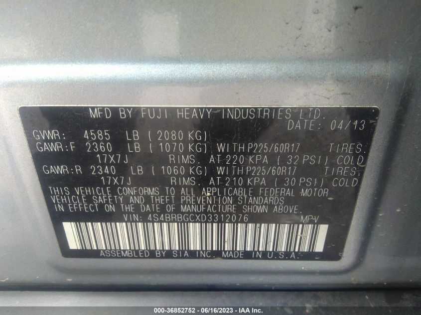 2013 SUBARU OUTBACK 2.5I PREMIUM - 4S4BRBGCXD3312076