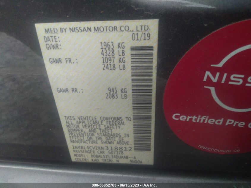 2019 NISSAN ALTIMA 2.5 SR - 1N4BL4CV2KN318812