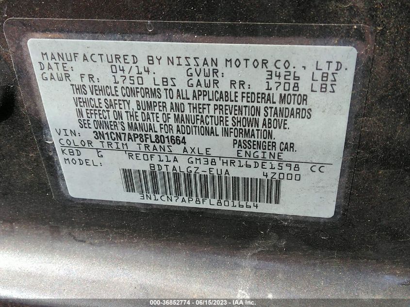 2015 NISSAN VERSA SL - 3N1CN7AP8FL801664