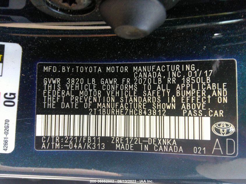 2017 TOYOTA COROLLA L/LE/XLE/SE - 2T1BURHE7HC843812