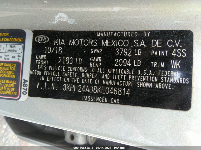 2019 KIA FORTE LXS - 3KPF24AD8KE046814