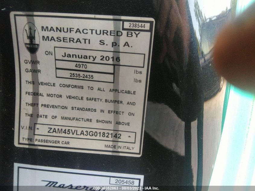 2016 MASERATI GRANTURISMO MC/SPORT/MC CENTENNIAL ZAM45VLA3G0182142