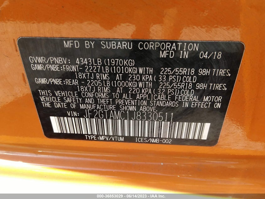 VIN JF2GTAMC1J8330511 2018 SUBARU CROSSTREK LIMITED