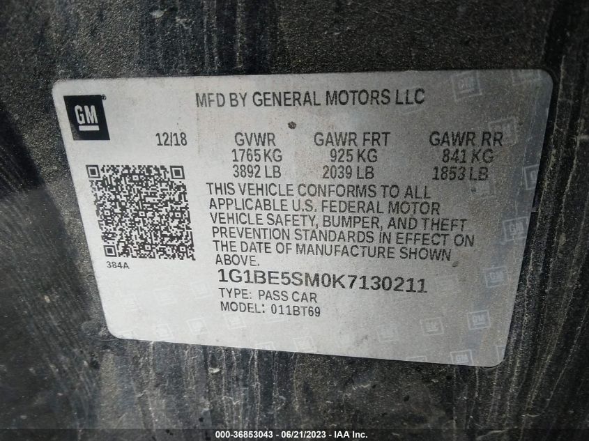 2019 CHEVROLET CRUZE LT - 1G1BE5SM0K7130211