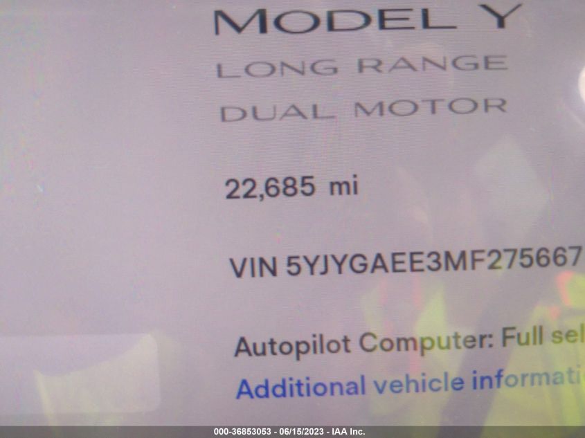2021 TESLA MODEL Y LONG RANGE - 5YJYGAEE3MF275667