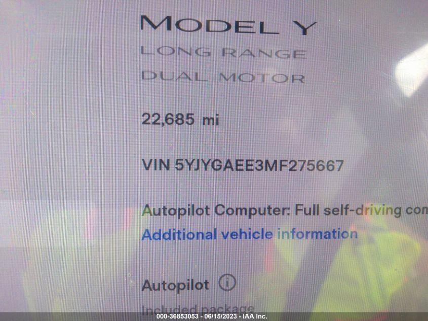 2021 TESLA MODEL Y LONG RANGE - 5YJYGAEE3MF275667