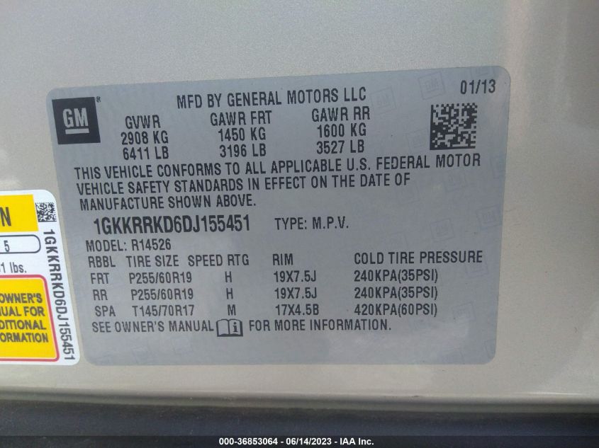 2013 GMC ACADIA SLT - 1GKKRRKD6DJ155451