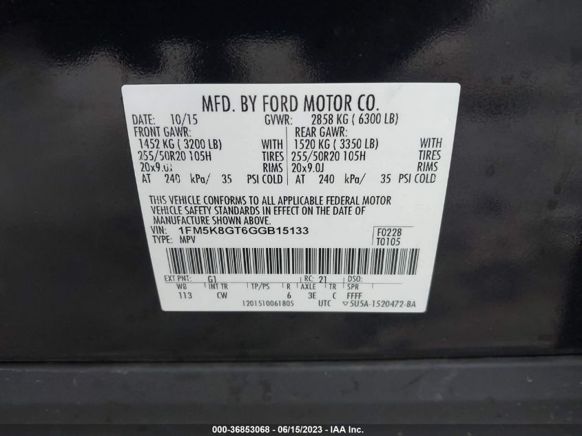 2016 FORD EXPLORER SPORT - 1FM5K8GT6GGB15133