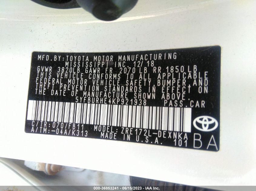 2019 TOYOTA COROLLA L/LE/SE/XLE/XSE - 5YFBURHE4KP921938