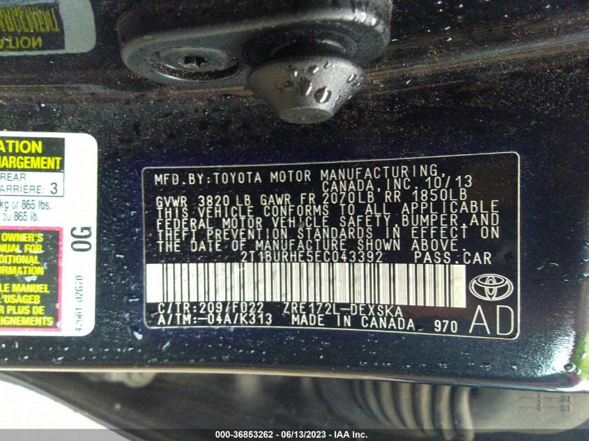 2014 TOYOTA COROLLA L/LE/S/S PLUS/LE PLUS - 2T1BURHE5EC043392
