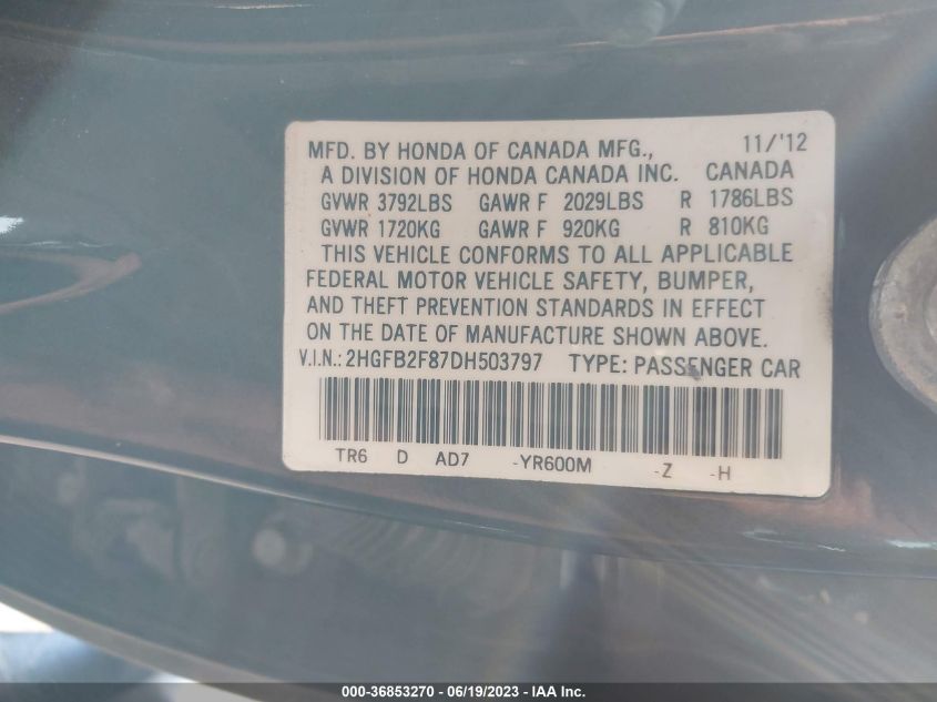 2013 HONDA CIVIC SDN EX - 2HGFB2F87DH503797