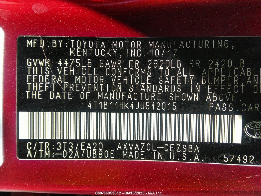2018 TOYOTA CAMRY L/LE/XLE/SE/XSE - 4T1B11HK4JU542015