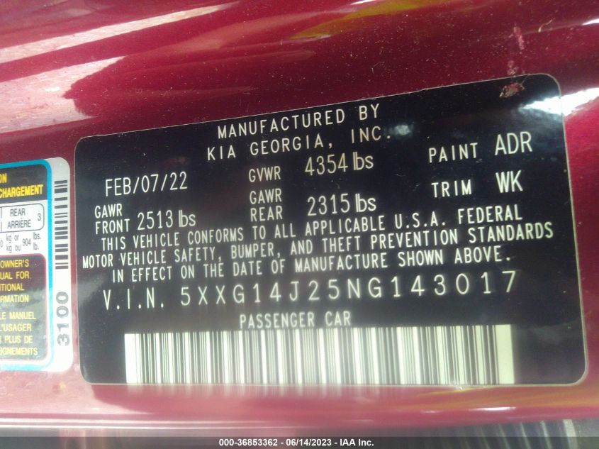 2022 KIA K5 LXS - 5XXG14J25NG143017