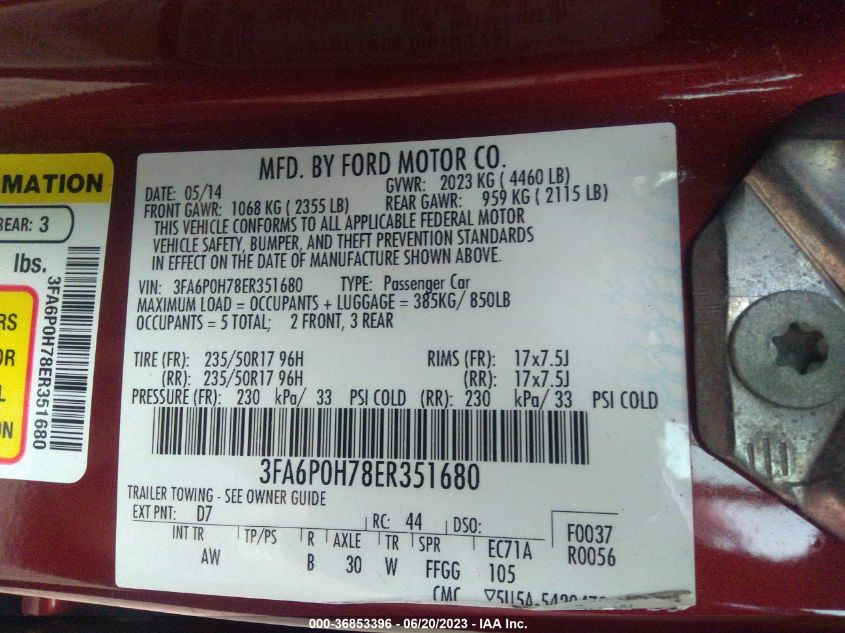 2014 FORD FUSION SE - 3FA6P0H78ER351680