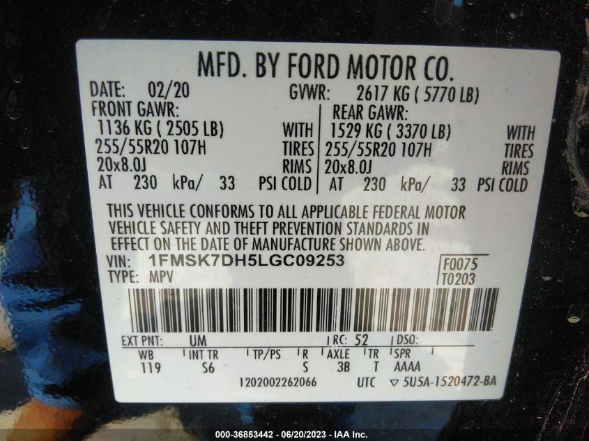 2020 FORD EXPLORER XLT - 1FMSK7DH5LGC09253