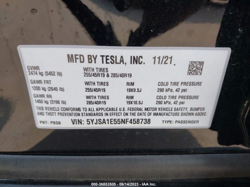 2022 TESLA MODEL S - 5YJSA1E55NF458738