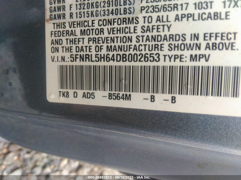2013 HONDA ODYSSEY EX-L - 5FNRL5H64DB002653
